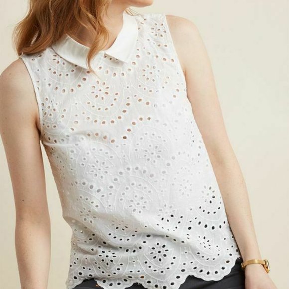 Modcloth Eyelet In The Sun Embroidered Collared White Top - Picture 1 of 8